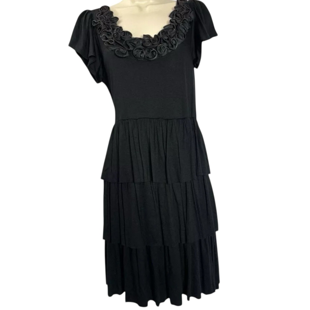 Pink Rose Black‎ Tiered Midi Dress Rosette Neckline Short Sleeve Size L Juniors